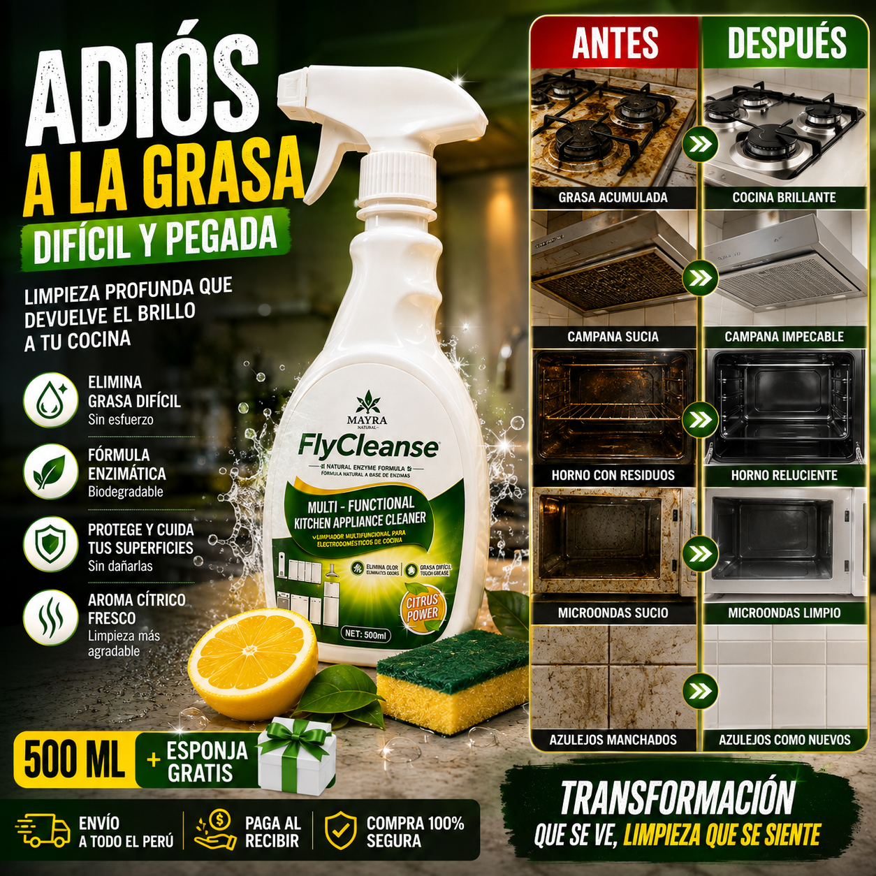 SPRAY (FLYCLEANSE)- Limpieza para tu cocina 500 ML.