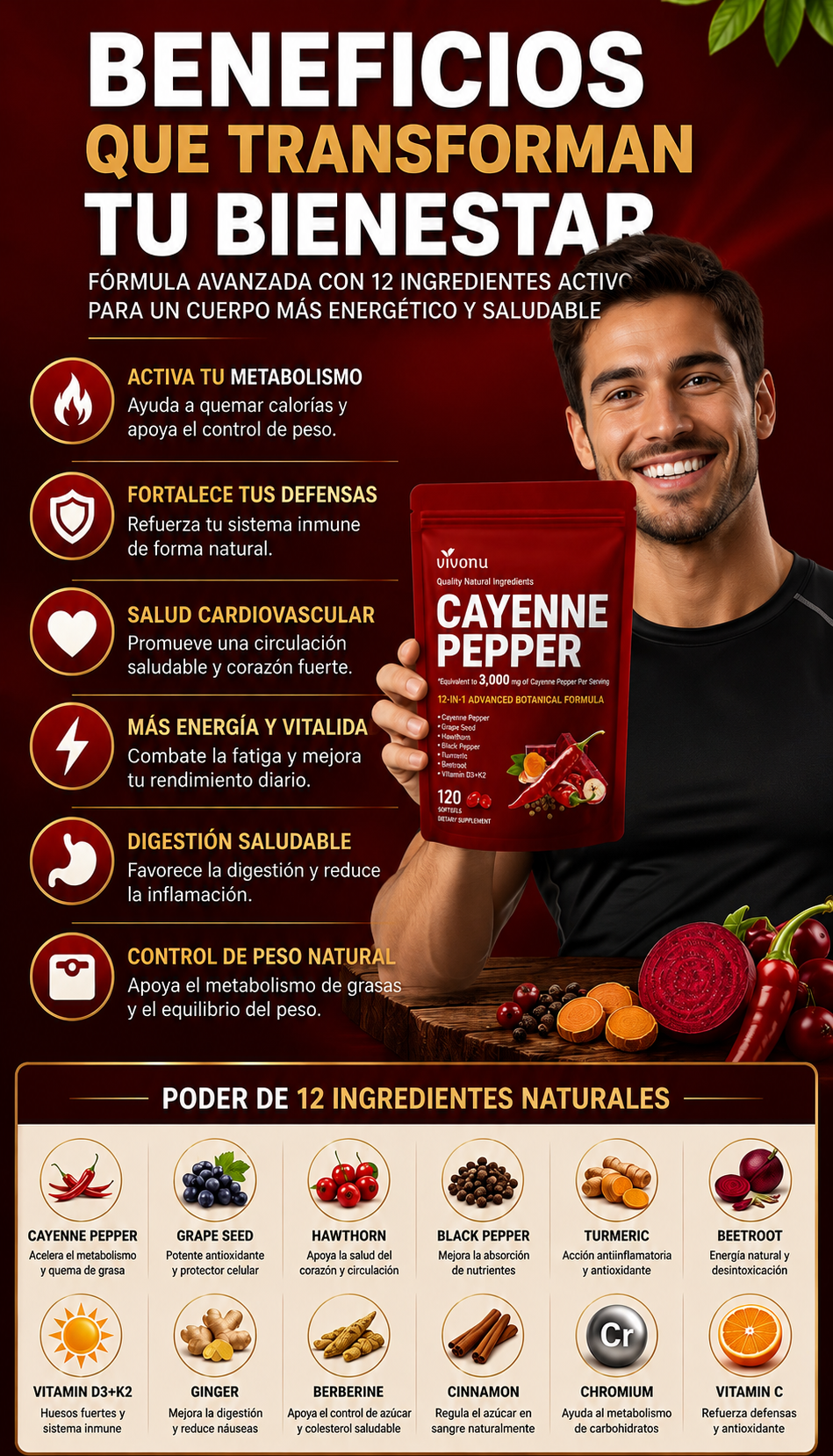 Pimienta Cayena 12 en 1 - 120 cápsulas blandas.