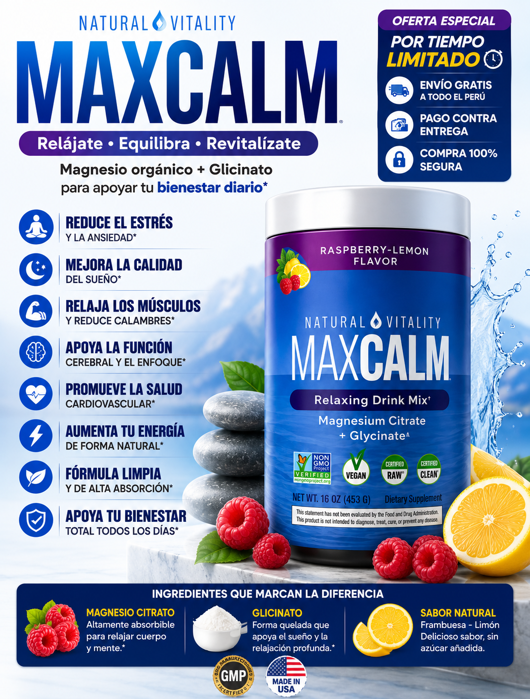MAXCALM - Magnesio Citrato + Glicinato en polvo.