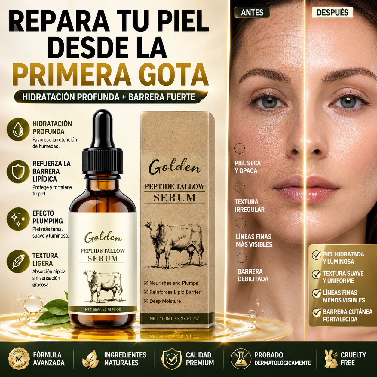 GOLDEN - SÉRUM FACIAL CON SEBO + PÉPTIDOS | 100 ML