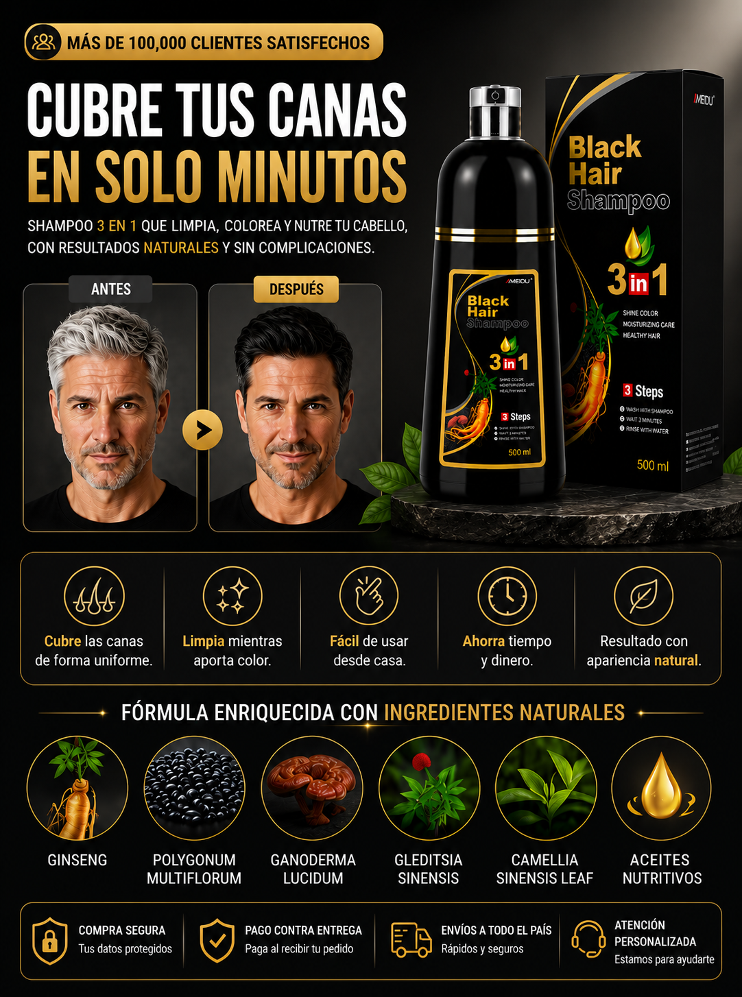 Champú tinte para cabello negro 3 en 1